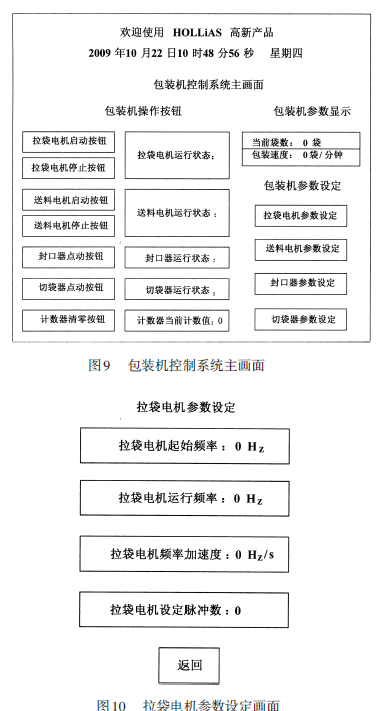 包裝機控制系統(tǒng)主畫面和拉袋電機參數(shù)設(shè)定畫面